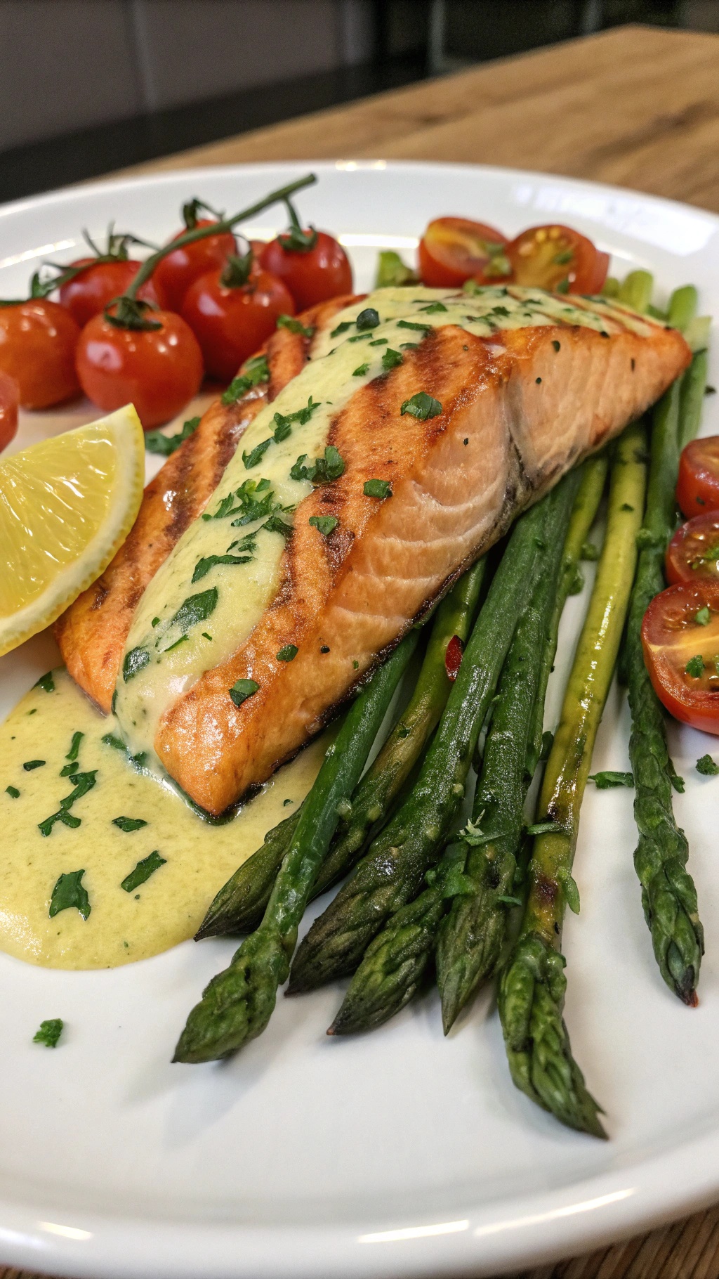 A plate of lemon garlic salmon with asparagus and cherry tomatoes, garnished with lemon slices and parsley.