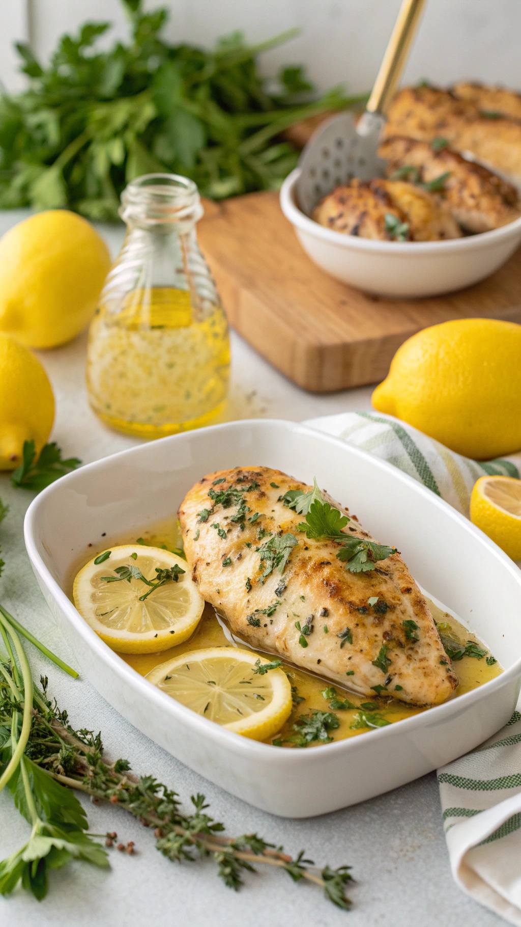 Lemon herb chicken breasts garnished with fresh herbs and lemon slices