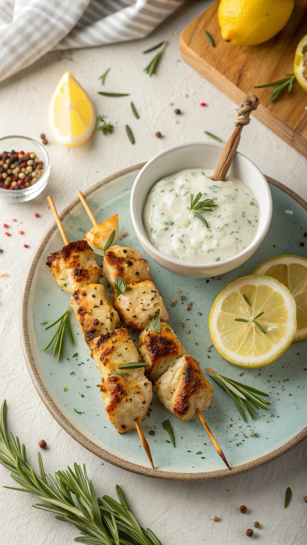 Grilled chicken skewers served with tzatziki sauce and lemon slices on a plate.