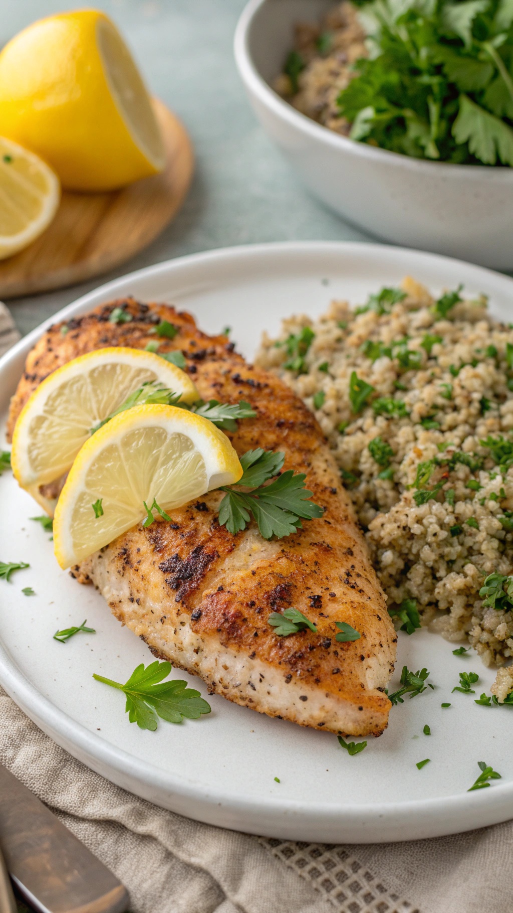 Plate of lemon pepper chicken breast with lemon slices and parsley, served with a side of grain.
