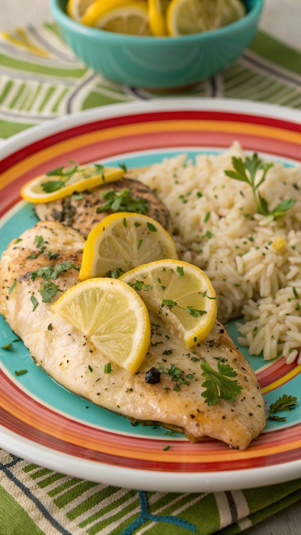 Lemon pepper chicken breasts served with rice and garnished with lemon slices