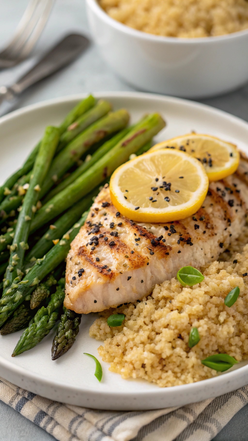 Plate of lemon pepper chicken breast with asparagus and couscous, garnished with lemon slices.