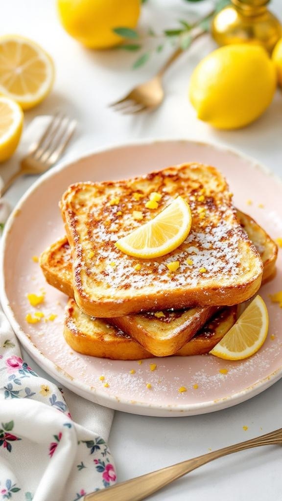 A plate of Lemon Ricotta French Toast topped with lemon slices and powdered sugar, surrounded by fresh lemons.