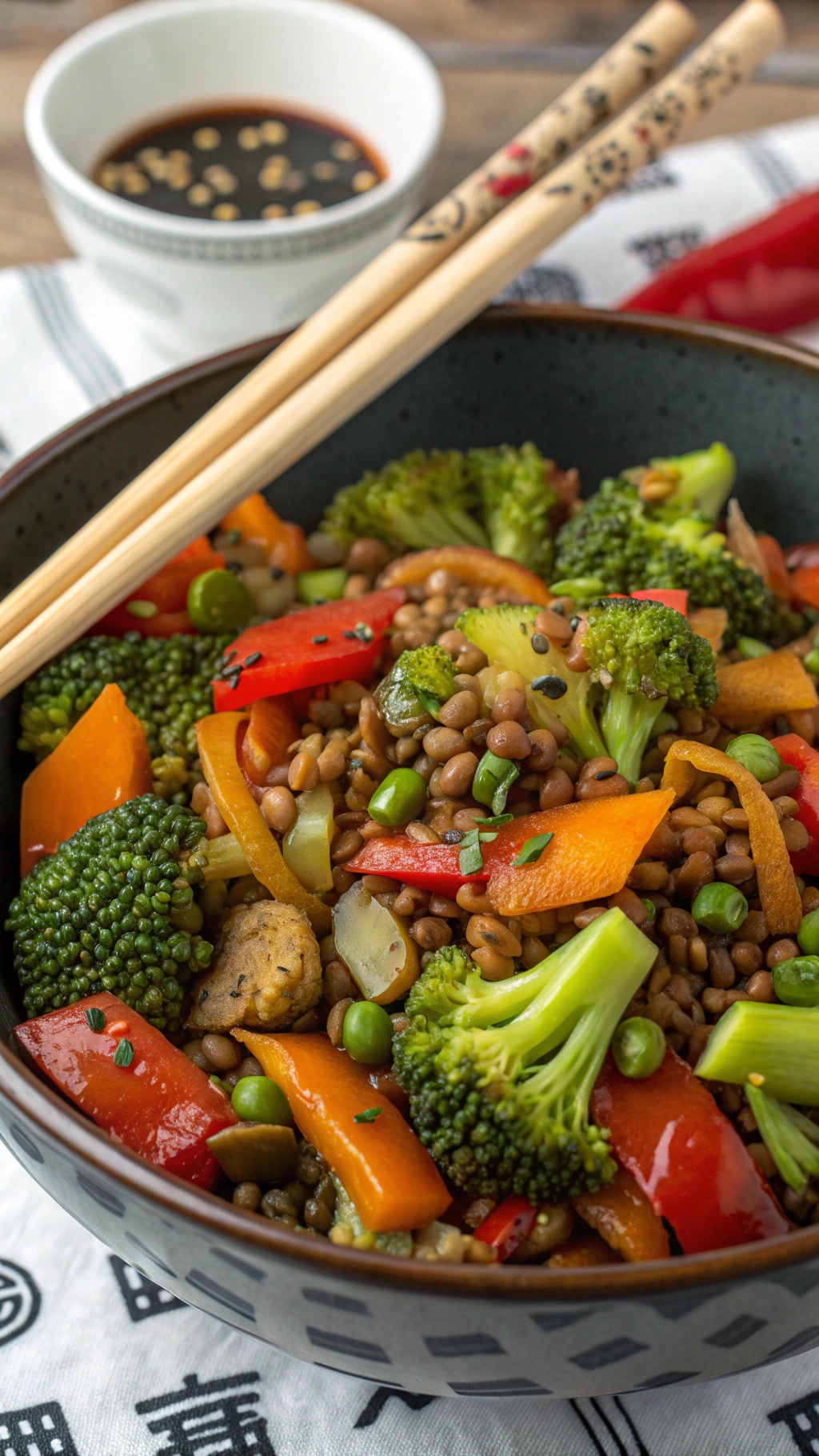 A colorful bowl of lentil and vegetable stir-fry with chopsticks and a small bowl of sauce in the background.