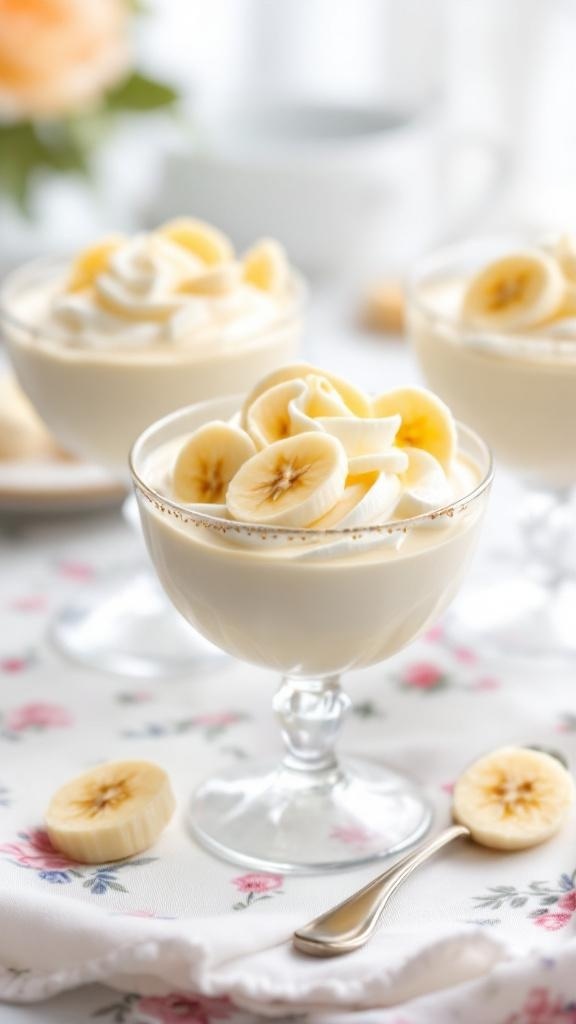 Light and airy banana pudding mousse served in elegant cups, topped with banana slices.