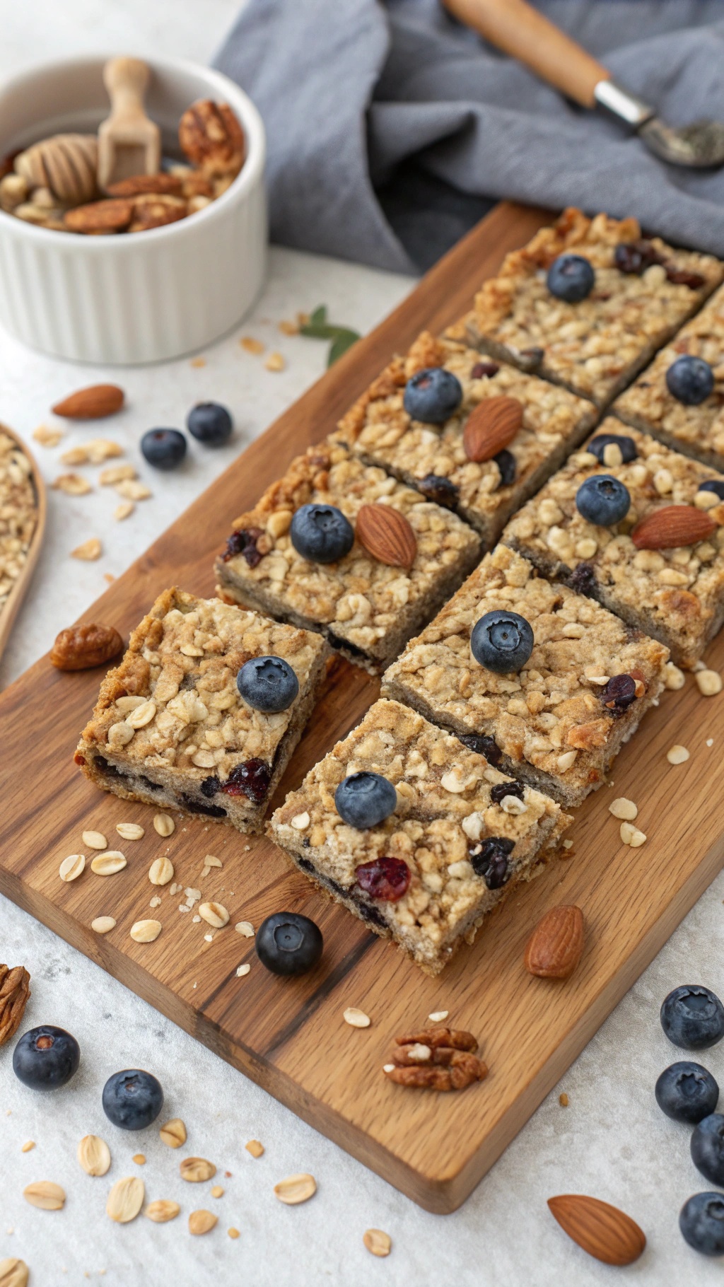 Light and crispy blueberry granola bars on a wooden board with nuts and oats scattered around.