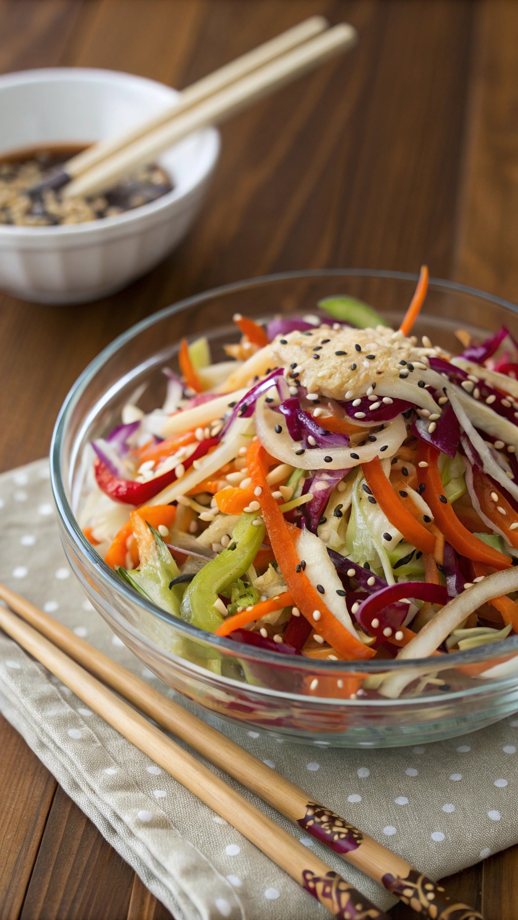 A bowl of colorful Asian slaw with sesame dressing, featuring shredded cabbage, carrots, and bell peppers, garnished with sesame seeds.
