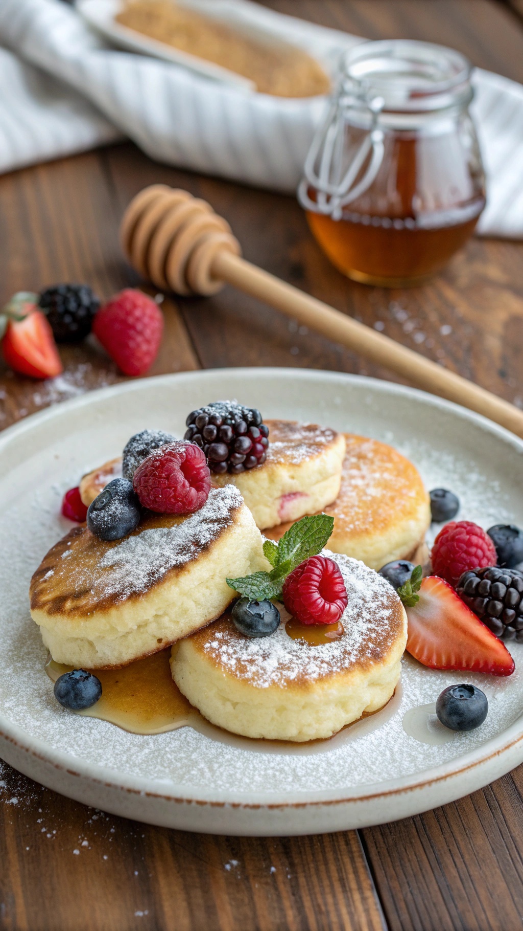 Light and fluffy cottage cheese pancakes topped with fresh berries and powdered sugar.