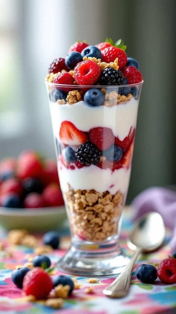 A colorful yogurt parfait with layers of yogurt, granola, and mixed berries in a glass.