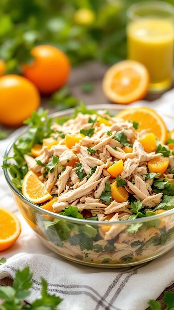 A bowl of citrus rotisserie chicken salad with oranges and parsley.