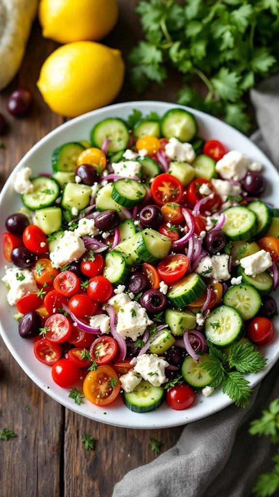 A colorful Greek salad with cucumbers, cherry tomatoes, olives, and feta cheese on a wooden table.