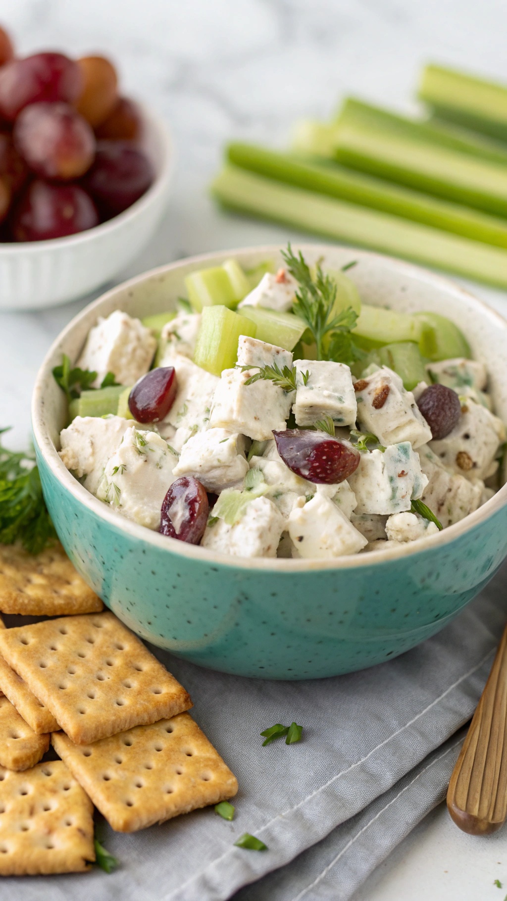 A bowl of Greek yogurt chicken salad with celery and grapes, served with crackers.