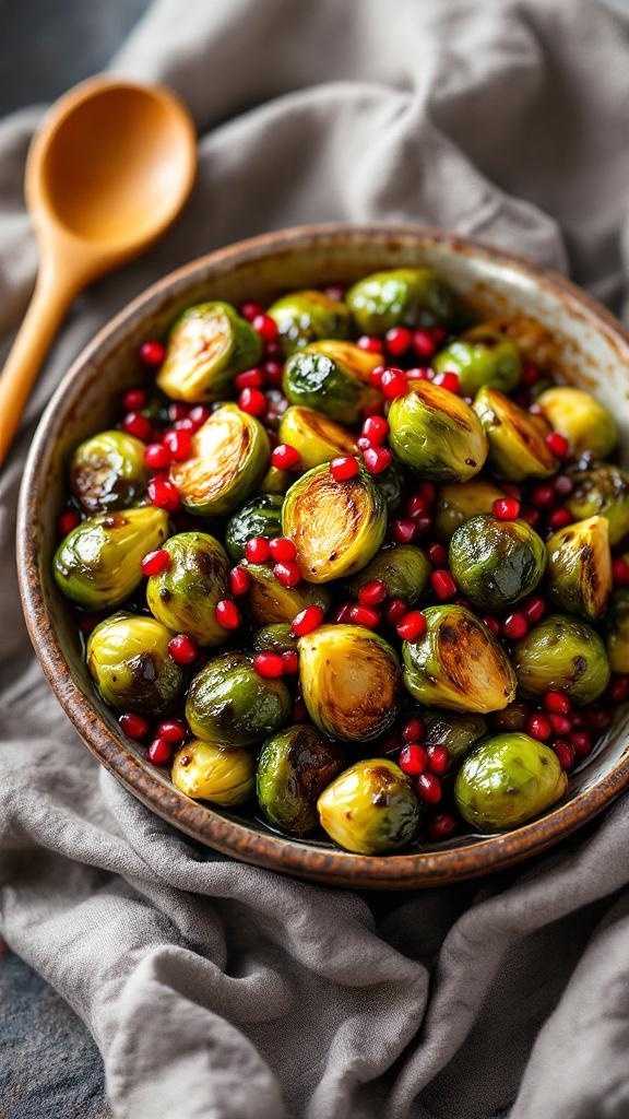 Balsamic glazed Brussels sprouts with pomegranate seeds in a bowl