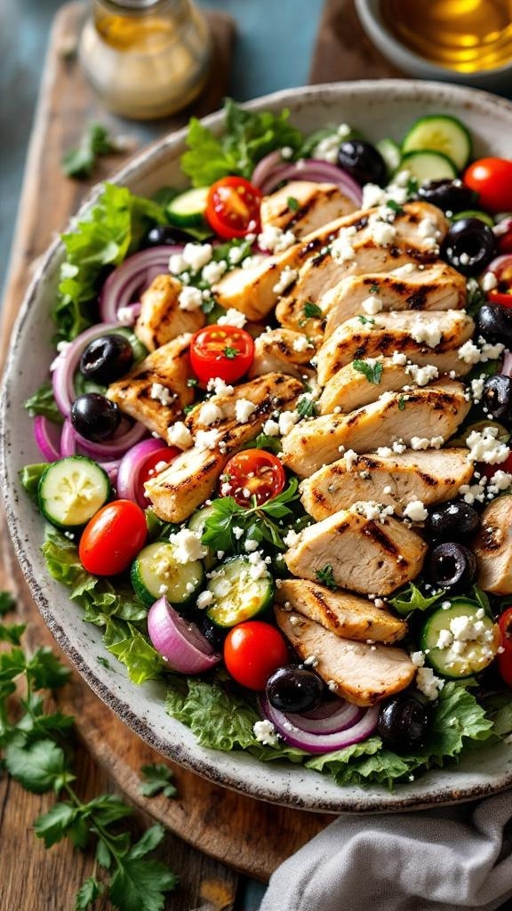 A vibrant Greek salad with grilled chicken, featuring fresh vegetables and feta cheese.