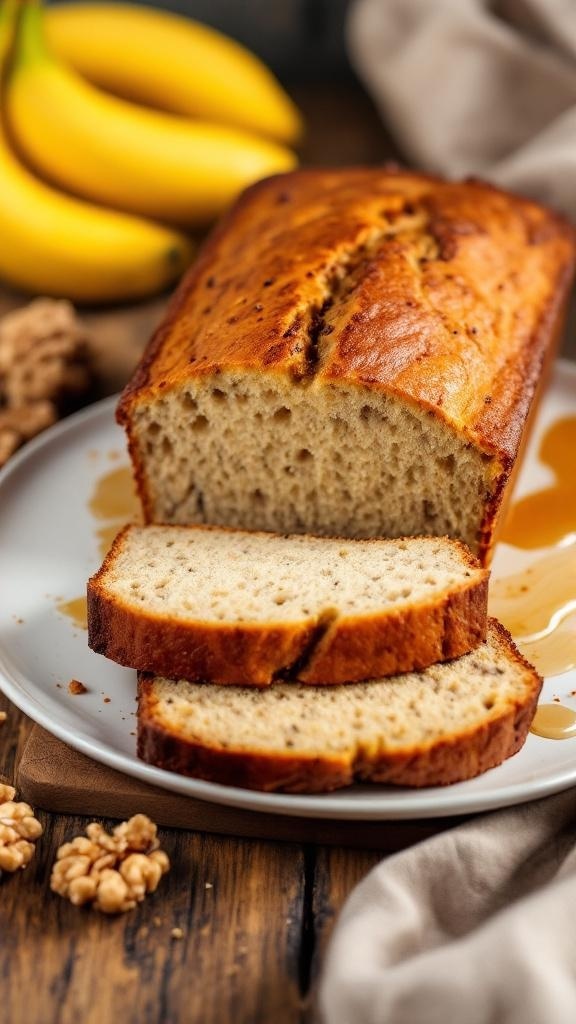 A loaf of lightened-up banana bread sliced on a plate with bananas in the background.