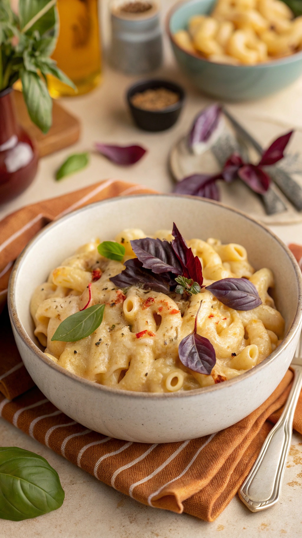 A bowl of lightened-up mac and cheese topped with fresh herbs, served on a striped napkin.