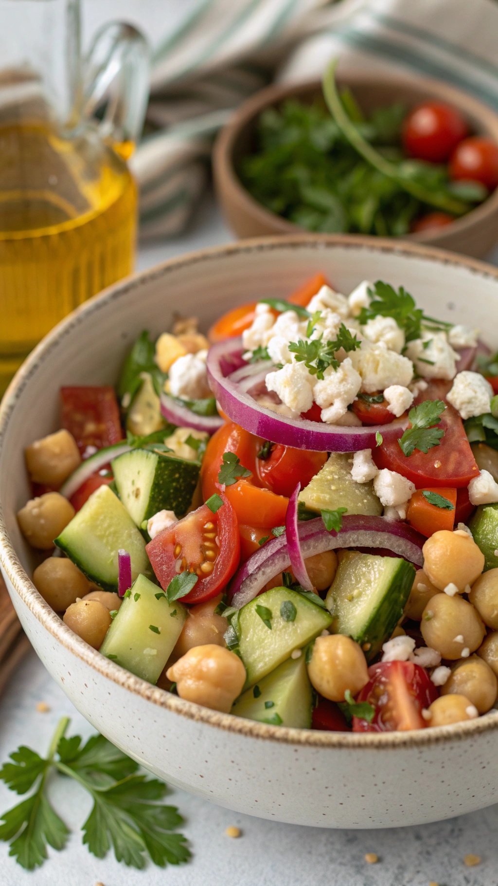 A vibrant Mediterranean Chickpea Salad with fresh vegetables and feta cheese.