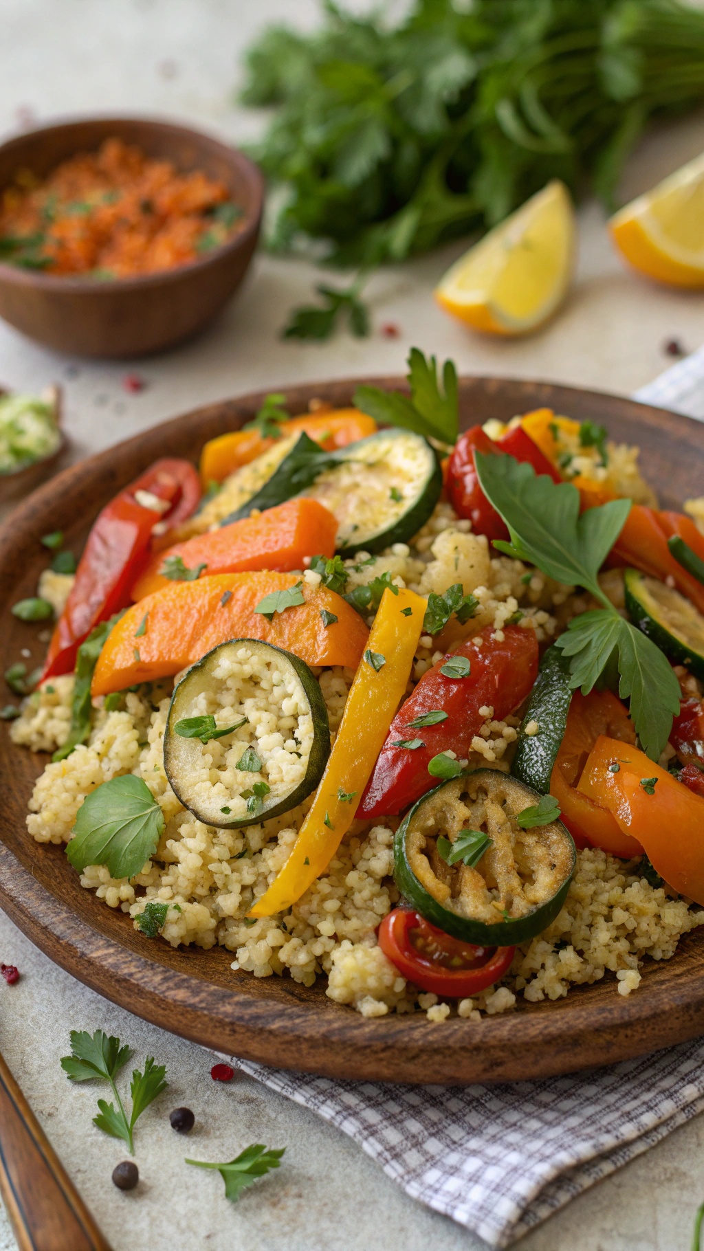 A colorful quinoa salad with roasted vegetables, garnished with herbs.