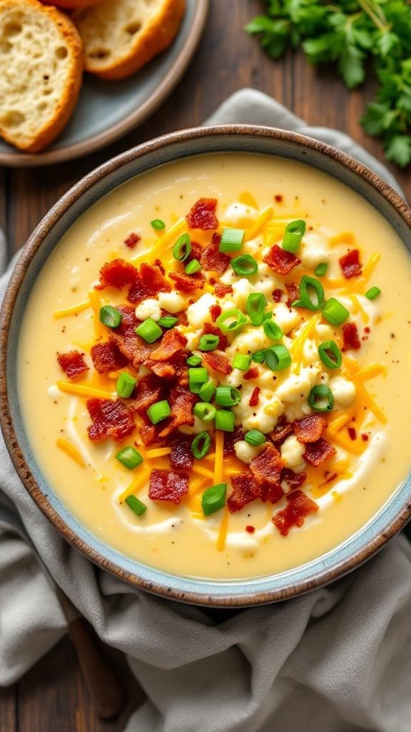 A bowl of loaded cauliflower soup topped with bacon, cheese, and green onions, served with slices of bread.