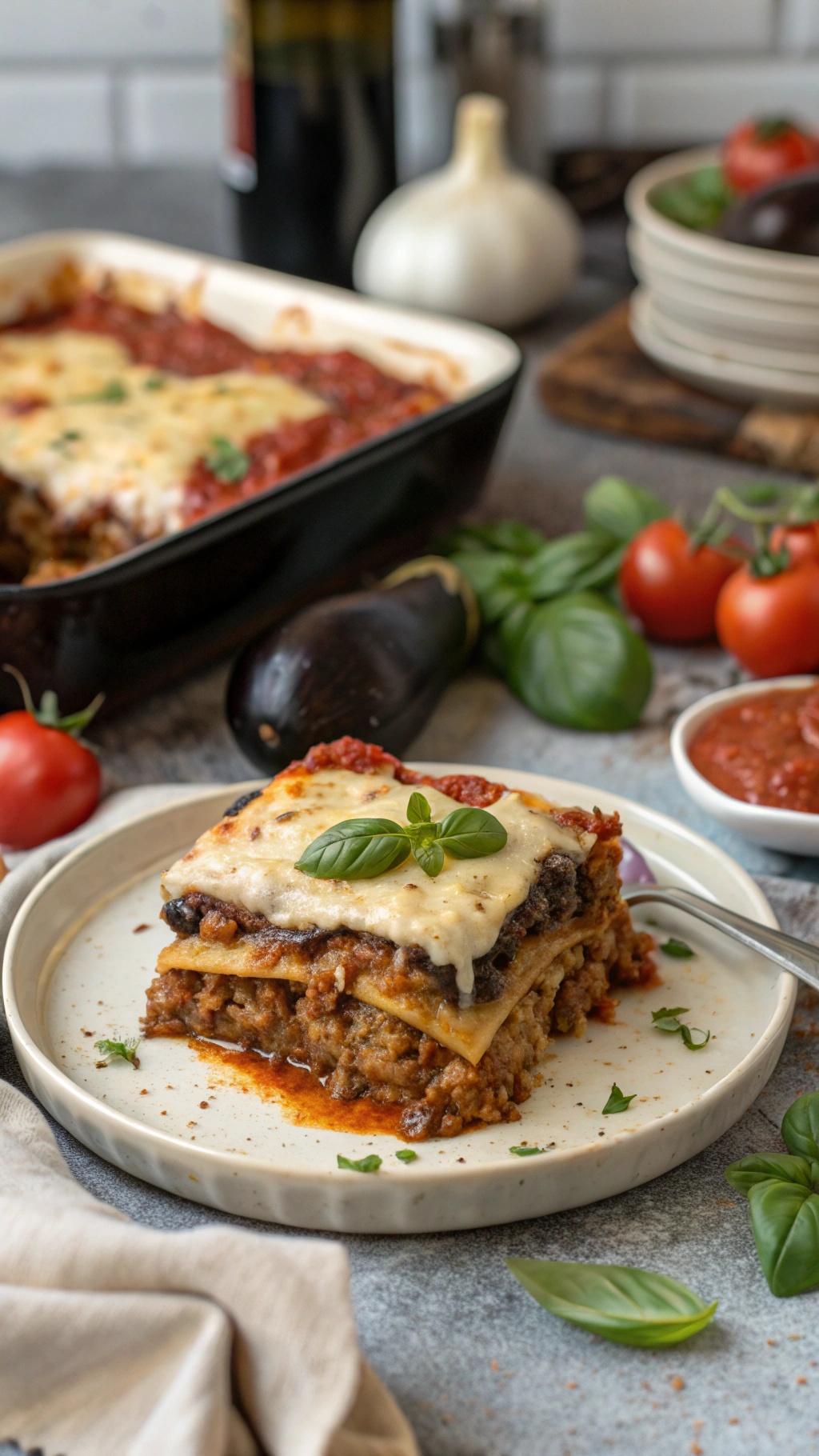 A plate of low-carb beef and eggplant lasagna, garnished with basil, served with a side of marinara sauce.