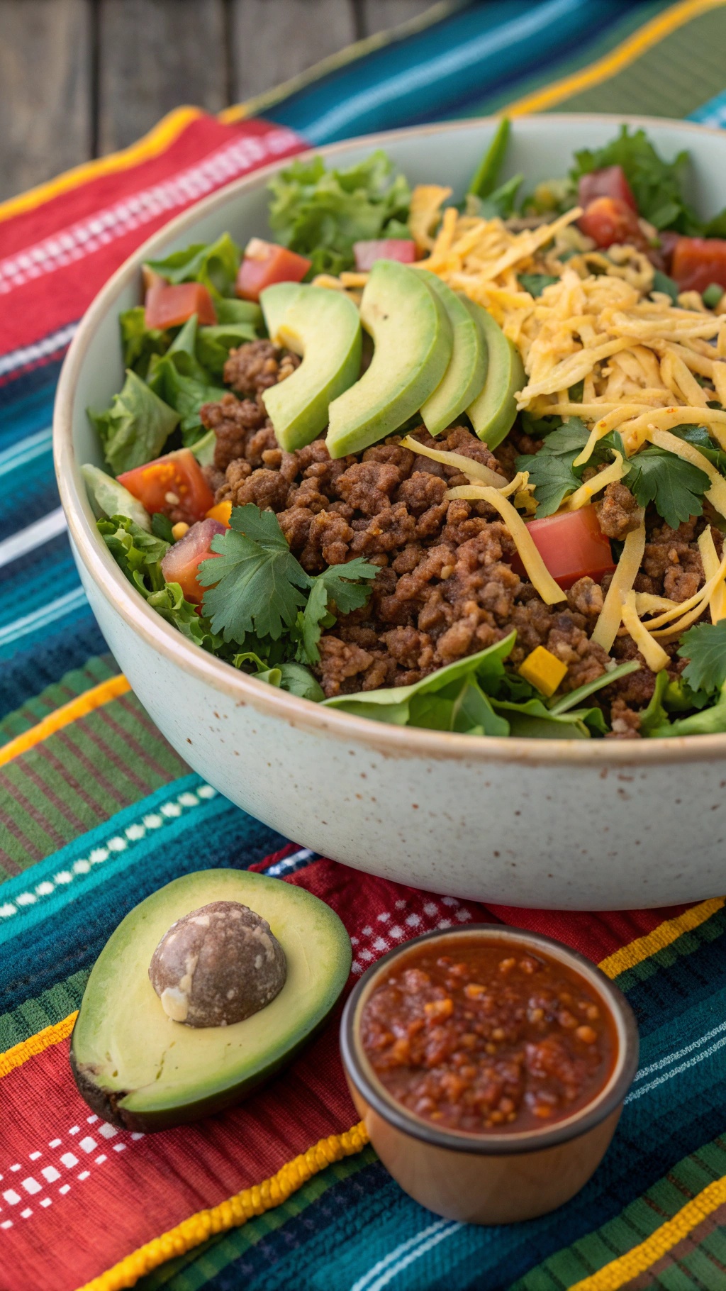 A colorful low-carb beef taco salad with ground beef, avocado, cheese, and fresh vegetables.