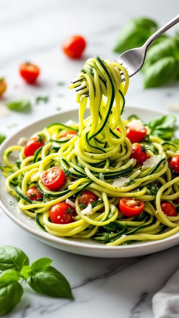 A plate of zucchini noodles with pesto, cherry tomatoes, and fresh basil.
