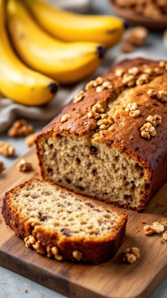 A loaf of banana bread with walnuts, sliced and placed on a wooden board, with bananas in the background.