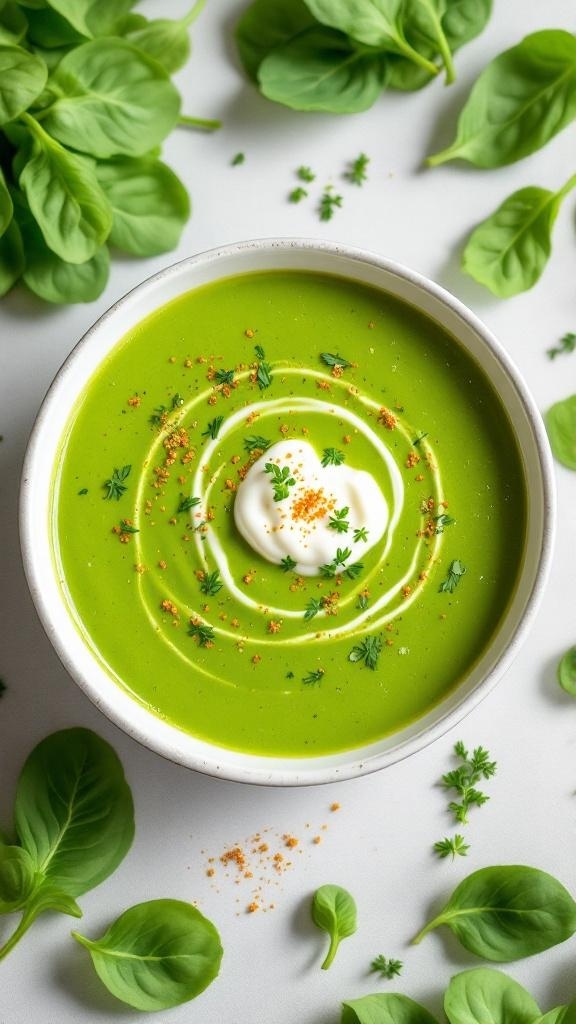 A bowl of creamy spinach soup garnished with herbs and cream, surrounded by fresh spinach leaves.
