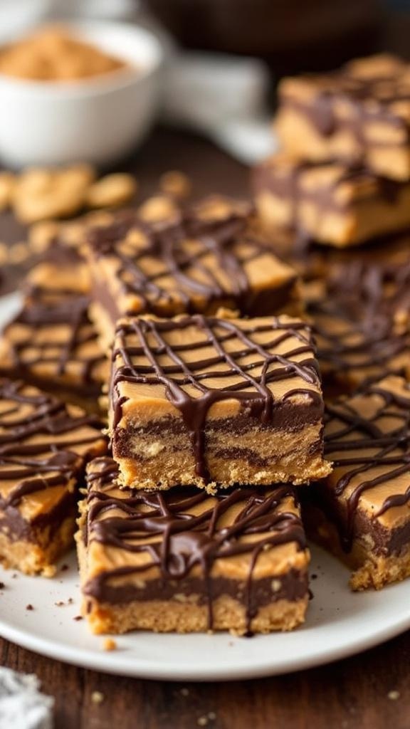 A plate of no-bake chocolate peanut butter bars, layered with chocolate and peanut butter, drizzled with chocolate.
