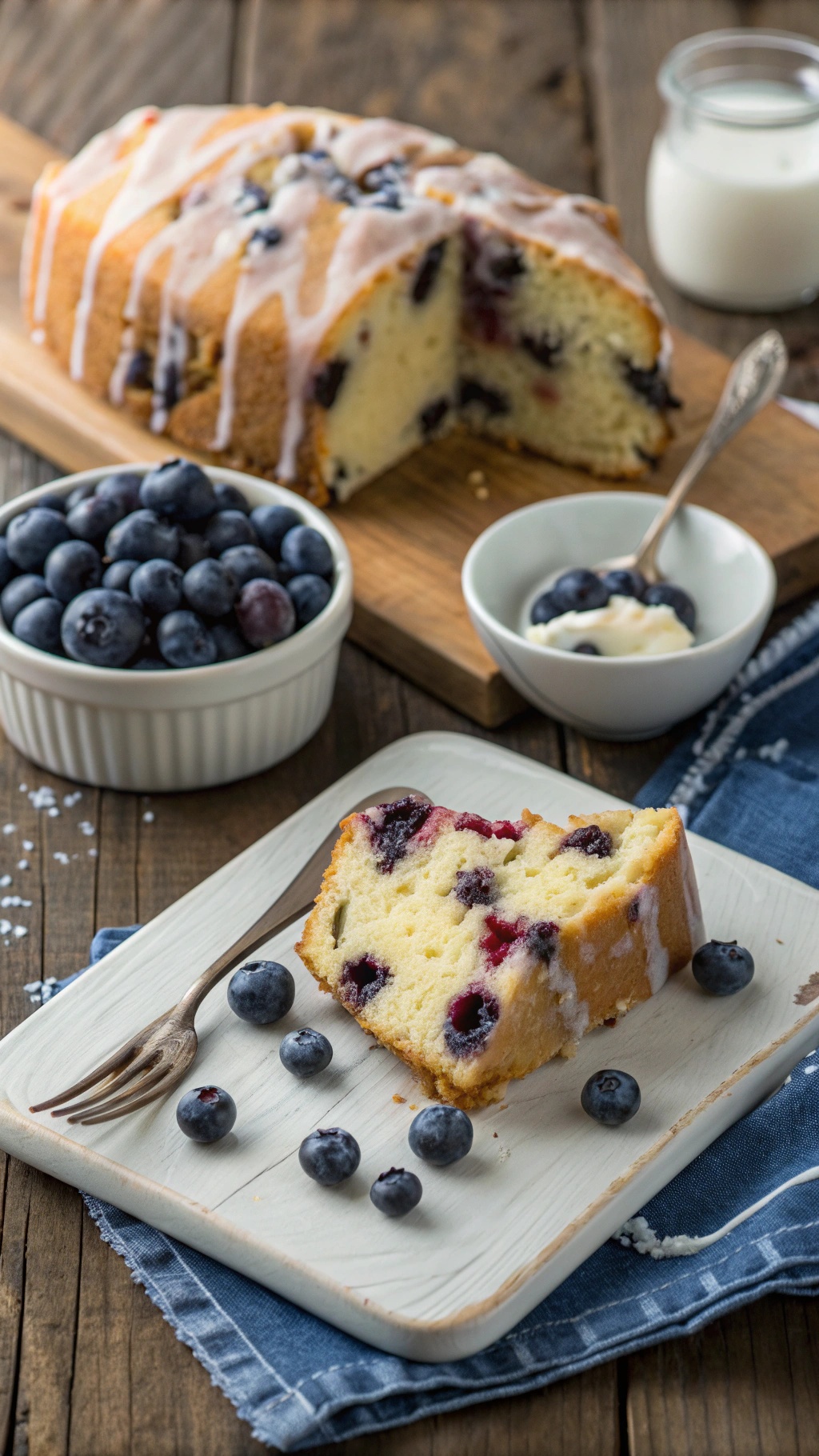 A slice of blueberry yogurt cake on a plate with fresh blueberries and a fork, with the whole cake in the background.