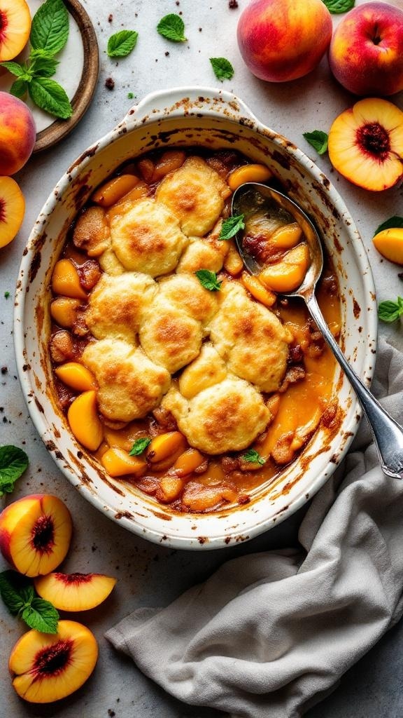 A delicious peach cobbler with golden biscuit topping, surrounded by fresh peaches and mint leaves.