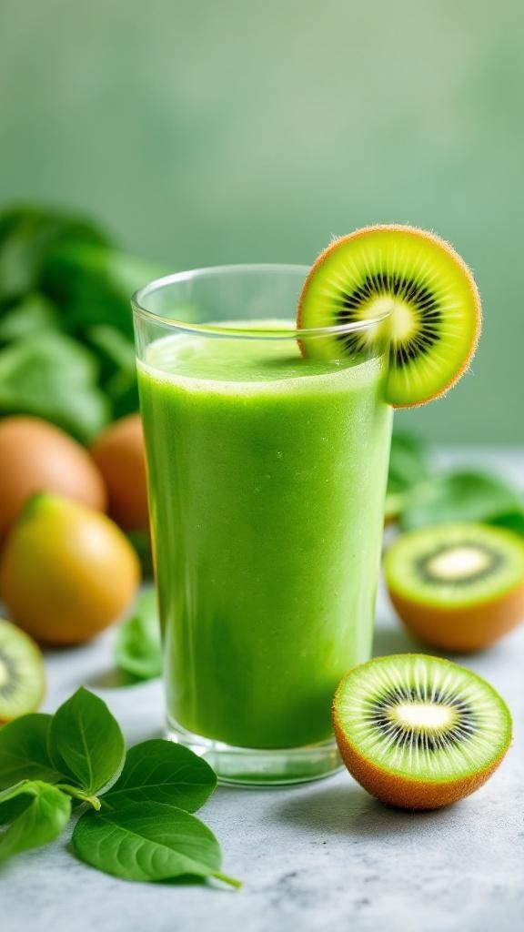 A refreshing green smoothie made with kiwi and spinach, garnished with a slice of kiwi.