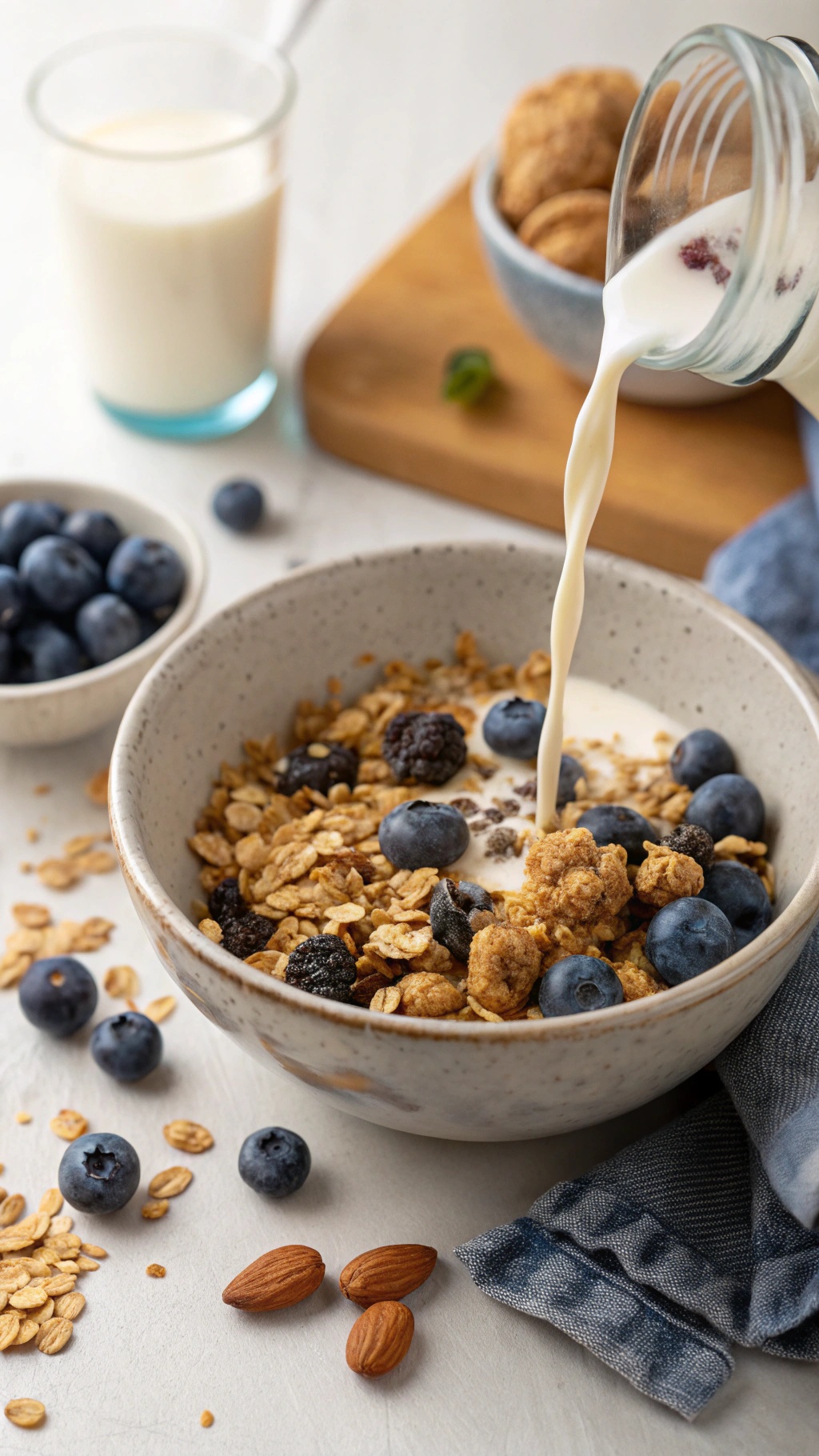 A bowl of low-sugar blueberry granola with fresh blueberries and milk being poured in.