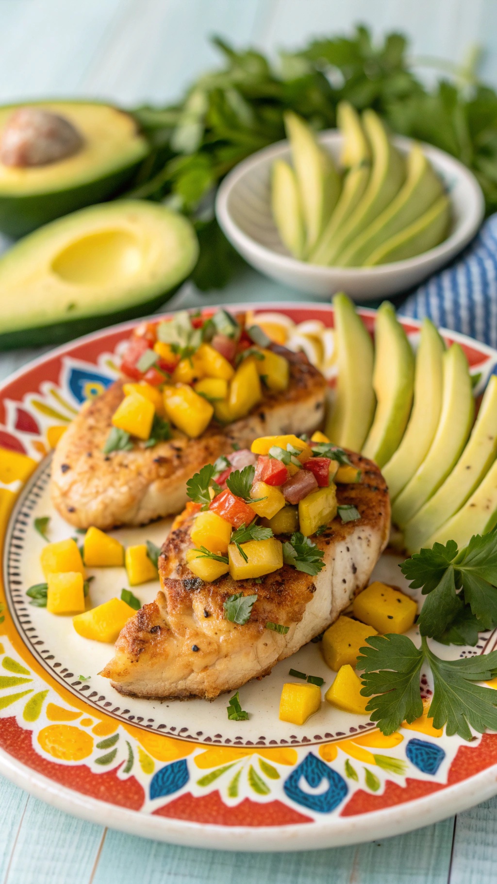 Air fryer chicken breasts topped with mango salsa, served with avocado slices.