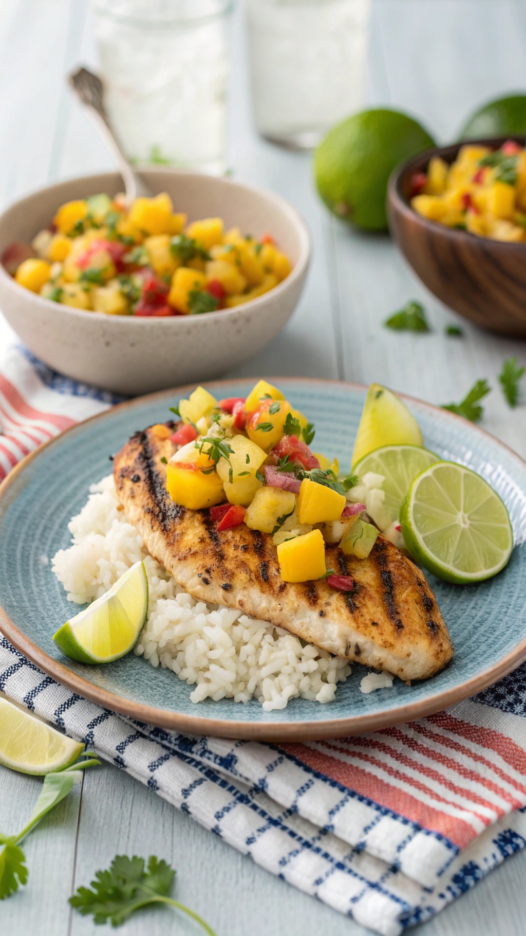 Grilled chicken breast topped with mango salsa served on a plate with rice and lime wedges.