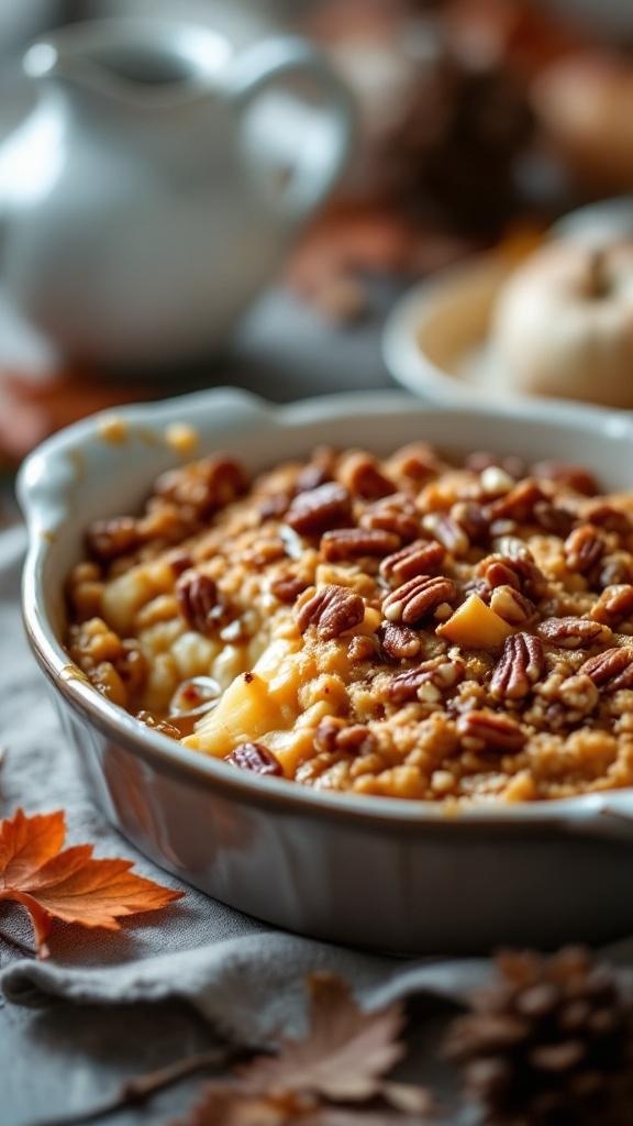 A warm maple-pecan apple crisp in a baking dish, topped with crunchy pecans, surrounded by autumn leaves.