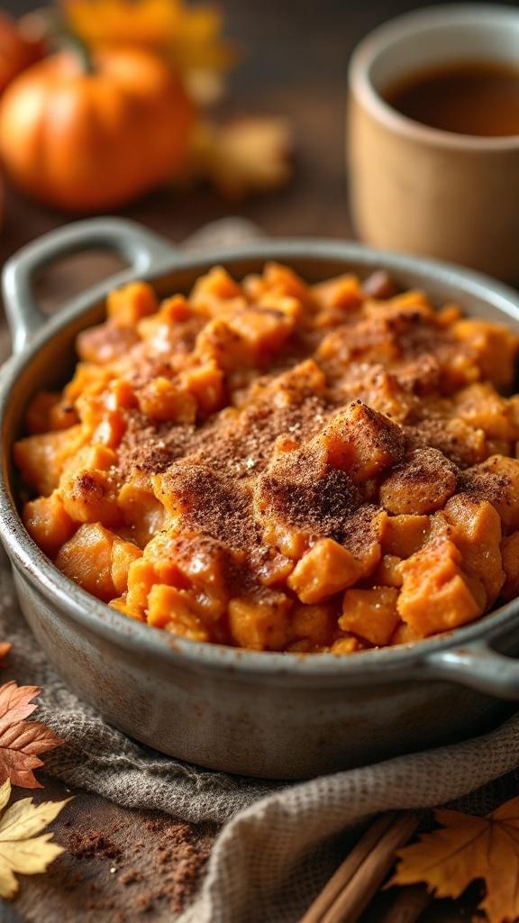 A delicious maple and cinnamon sweet potato casserole topped with cinnamon and pecans, served in a rustic dish.