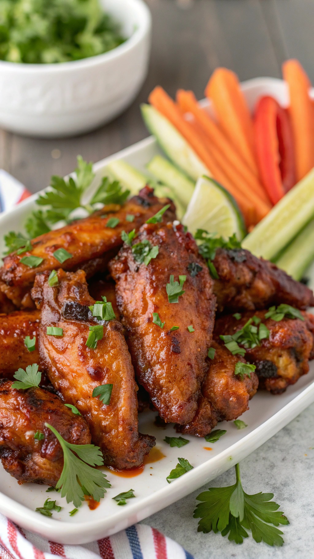 A plate of maple chipotle chicken wings garnished with cilantro, served with fresh vegetables and lime wedges.