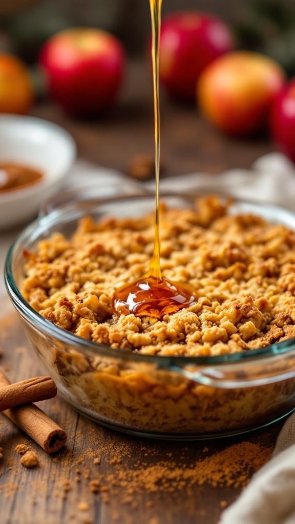 A delicious maple cinnamon apple crisp with a drizzle of syrup on top, surrounded by fresh apples and cinnamon sticks.