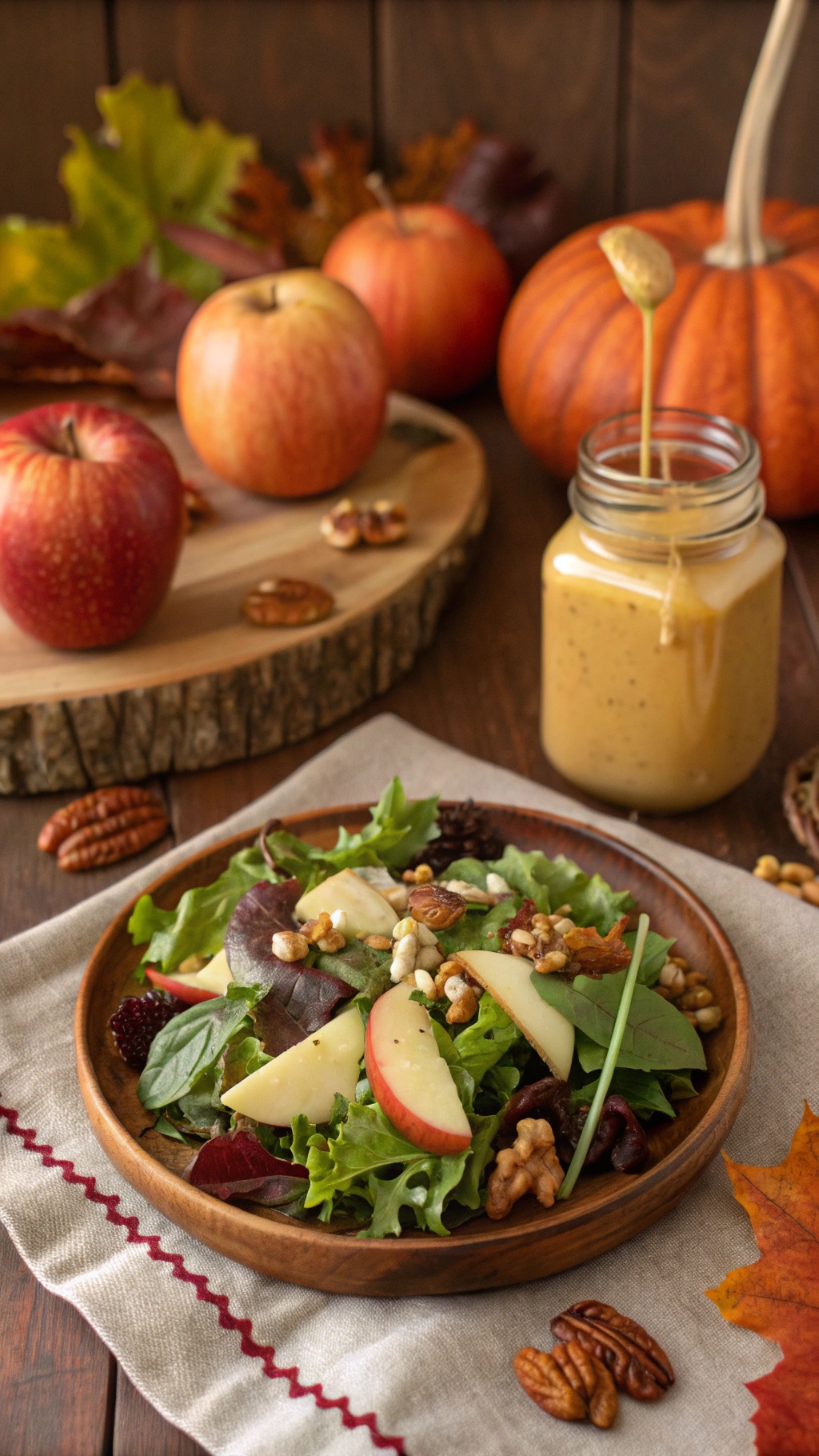 A wooden bowl filled with a fresh salad topped with sliced apples, nuts, and a jar of maple Dijon dressing.
