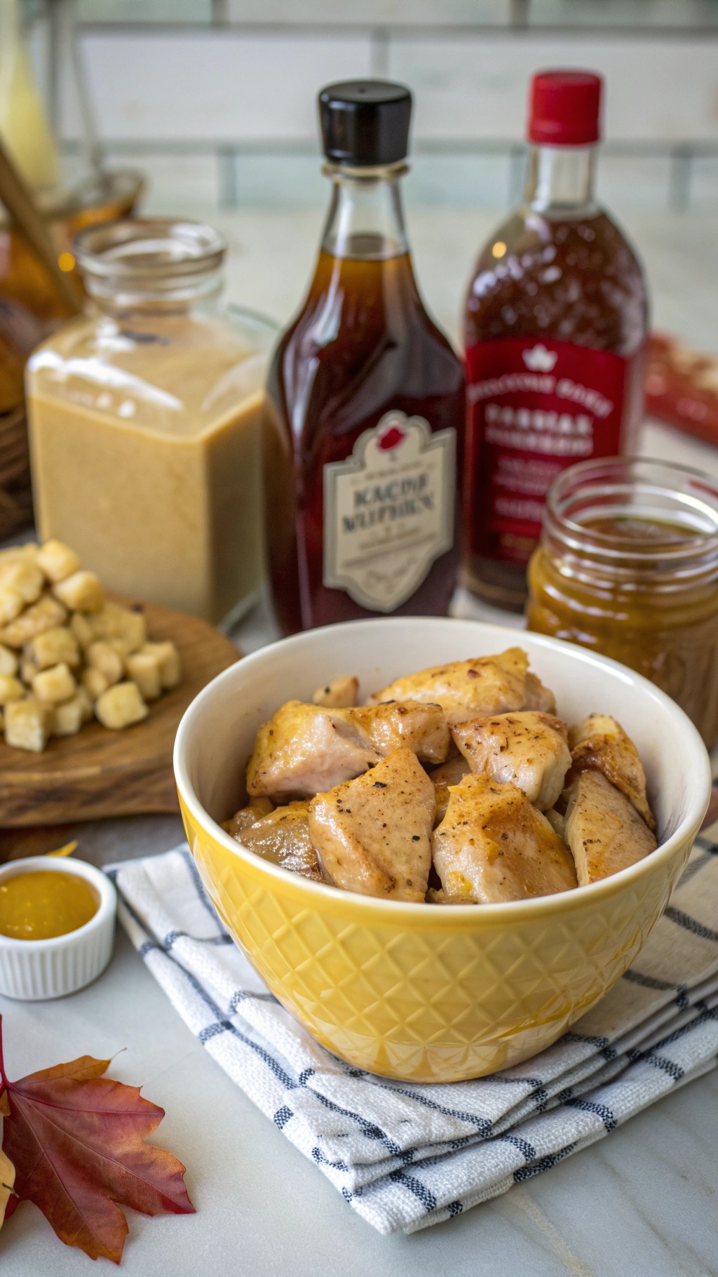 Maple Dijon marinade ingredients with marinated chicken in a bowl, showcasing a sweet and savory flavor profile.