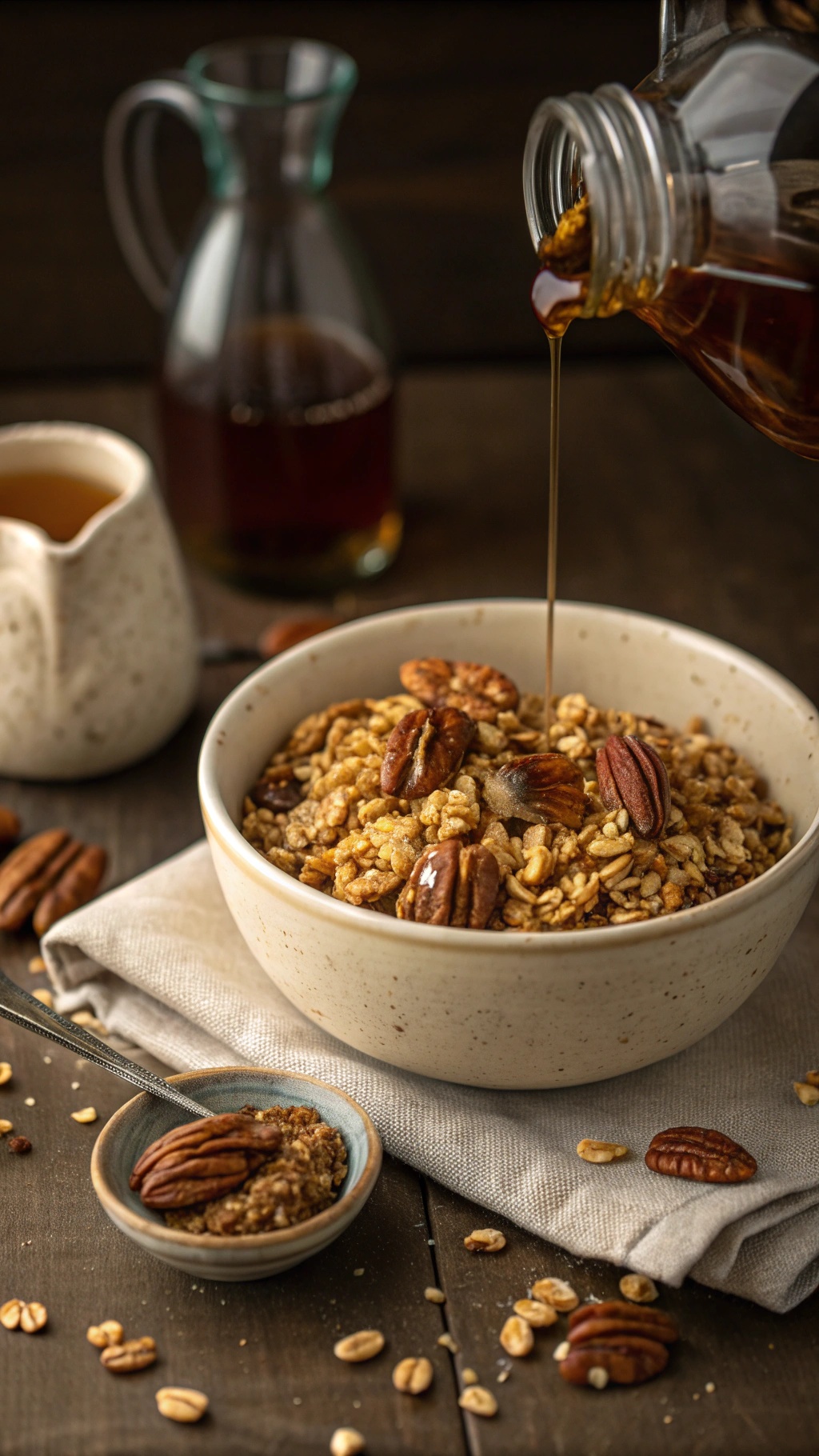 A bowl of maple pecan granola topped with whole pecans and drizzled with maple syrup, with a small bowl of granola and a pitcher of syrup in the background.