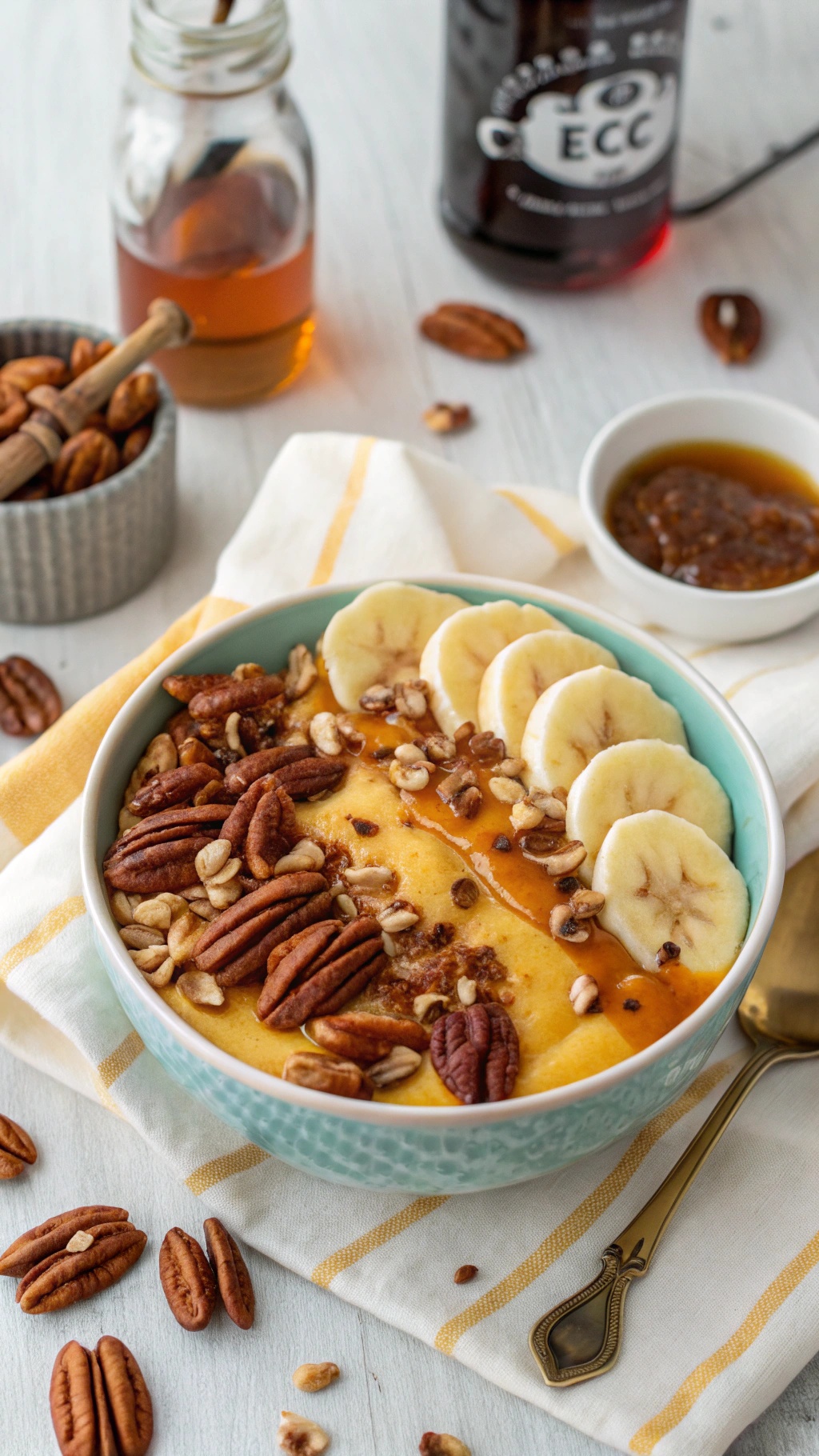 A colorful Maple Pecan Crunch Smoothie Bowl topped with banana slices, pecans, and granola, with a drizzle of maple syrup.