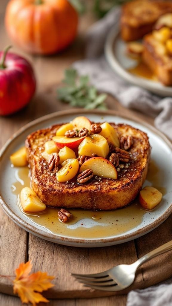 Maple Pecan French Toast topped with sautéed apples and pecans on a rustic plate.