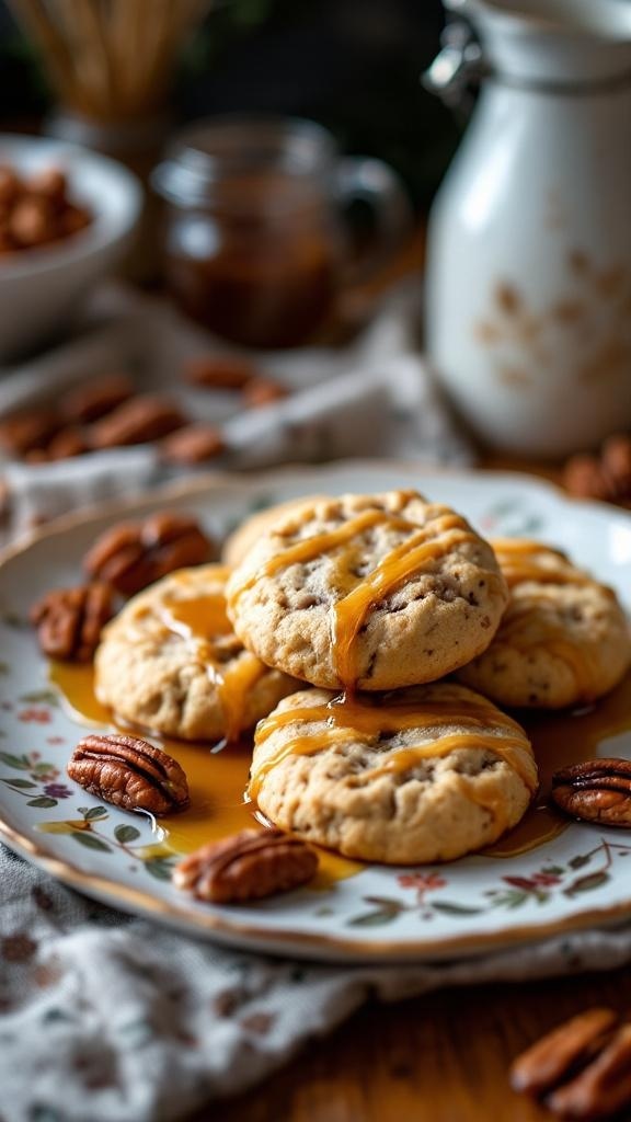 Maple Pecan No Bake Cookies on a plate with pecans and syrup