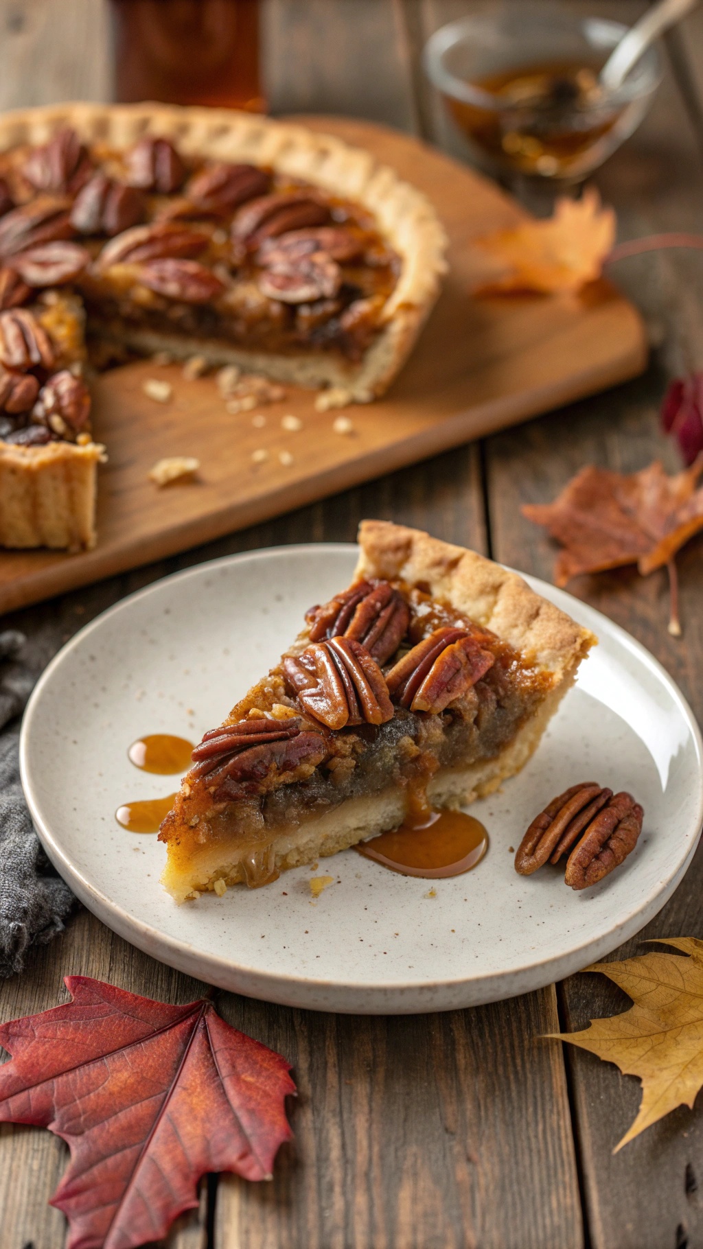 A slice of maple pecan pie on a plate with pecans and maple syrup, surrounded by autumn leaves.