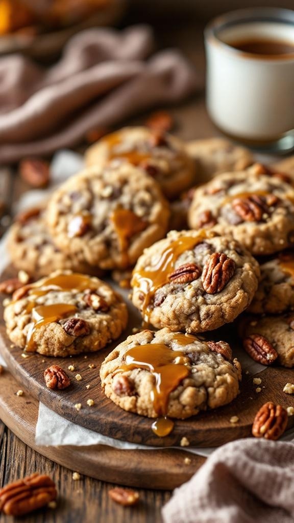 A plate of Maple Pecan Protein Cookies drizzled with syrup and topped with pecans.