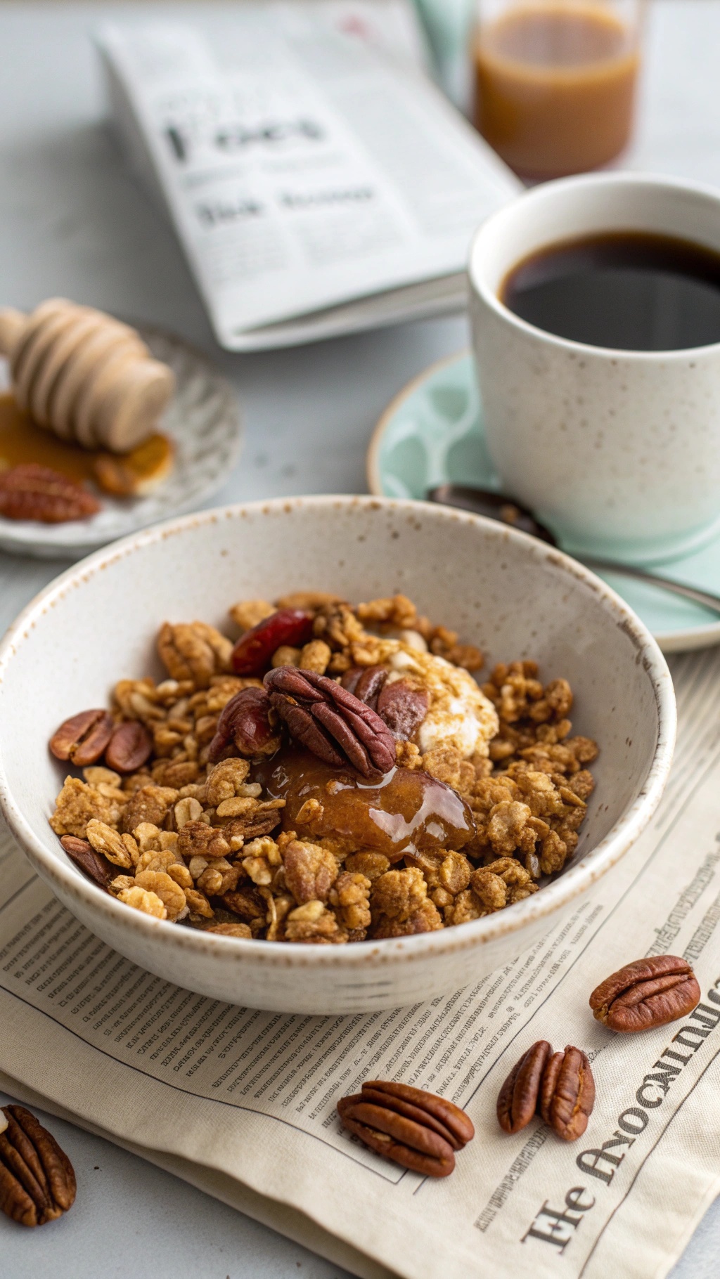 A bowl of maple pecan granola topped with pecans and honey, beside a cup of coffee and a newspaper.