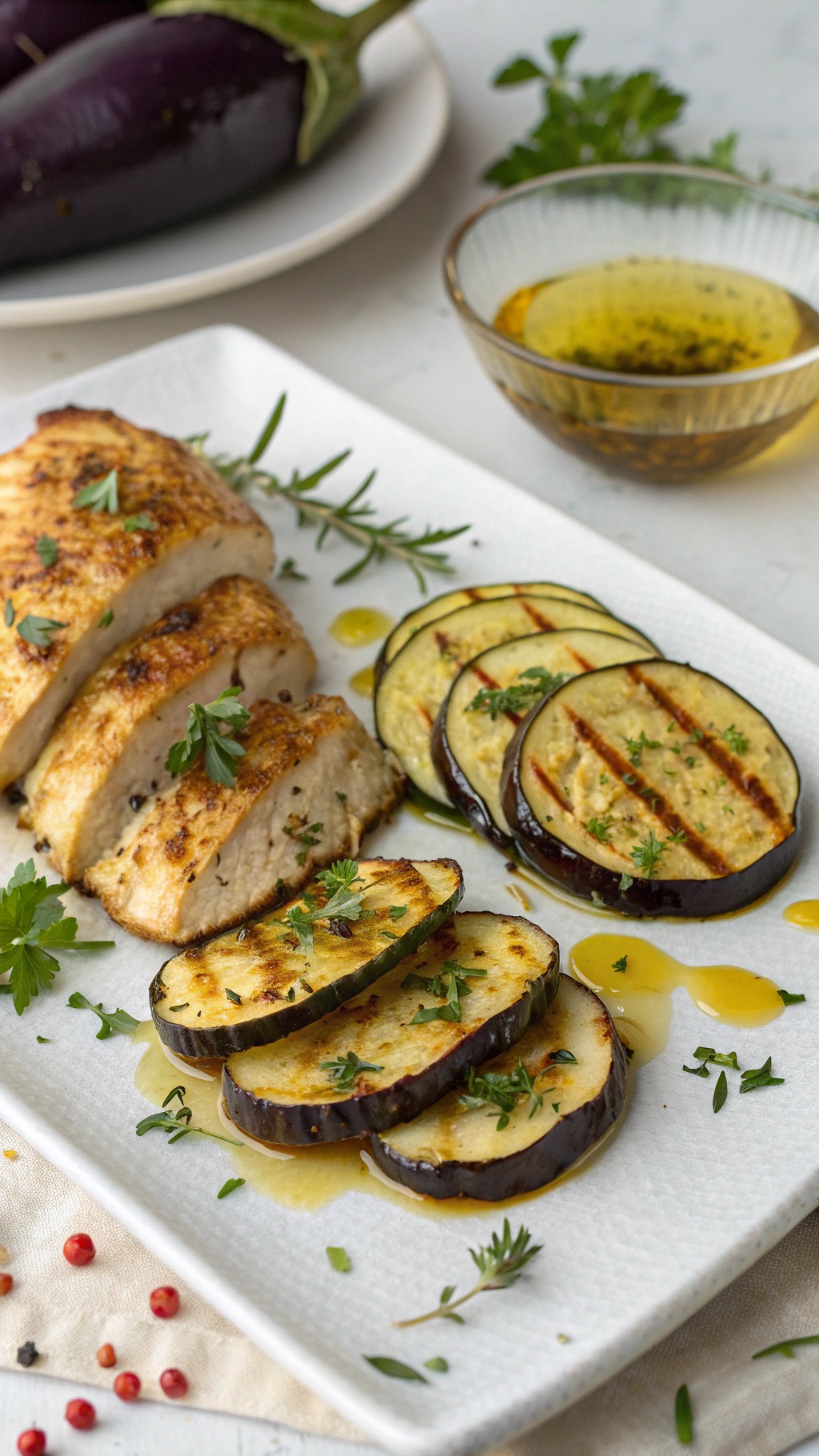 Mediterranean-inspired eggplant slices served with air fryer chicken breast