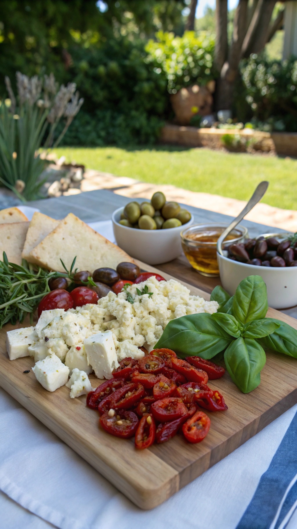 A Mediterranean-inspired cheese board featuring feta cheese, olives, roasted tomatoes, and fresh herbs.